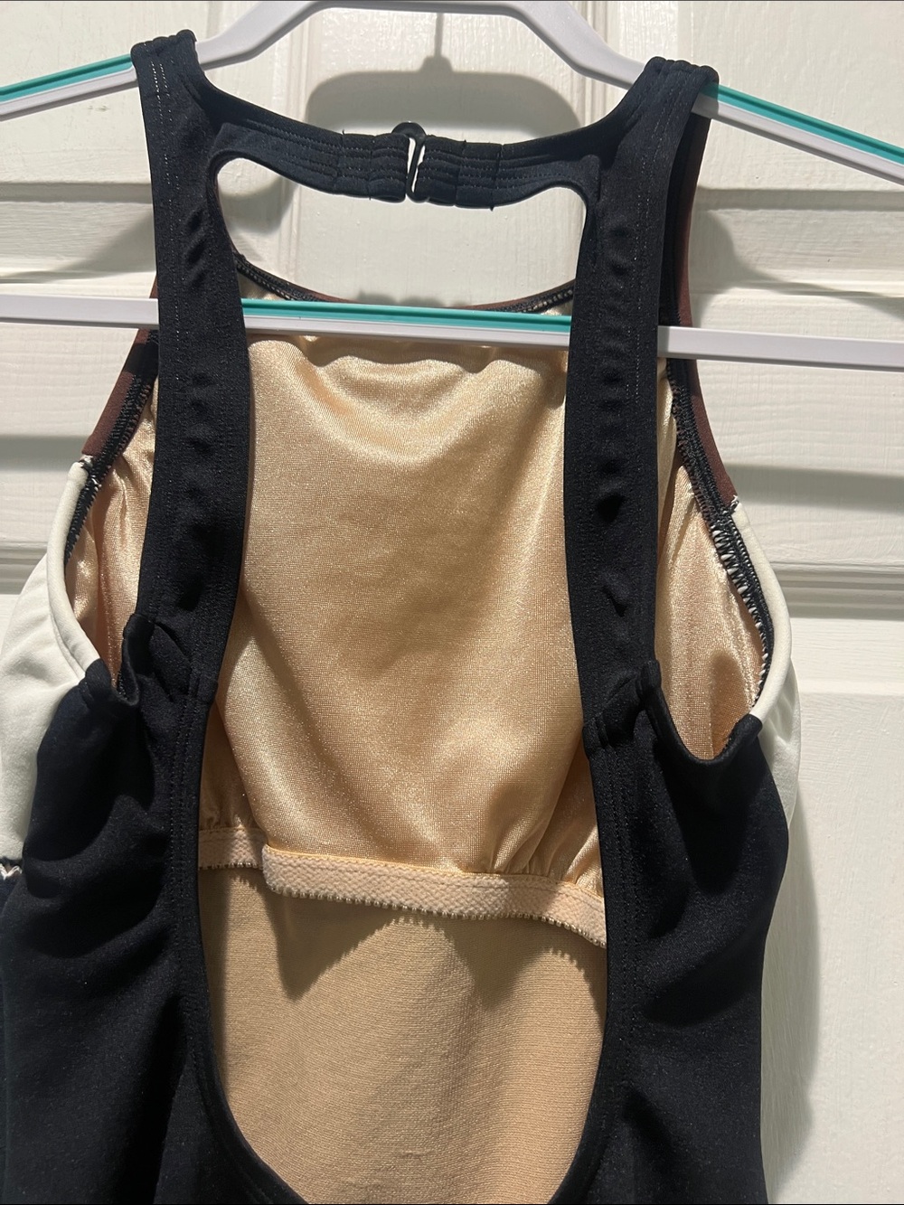 Colorblock High-Neck One-Piece Swimsuit - Brown/White/Black - Picture 9 of 9